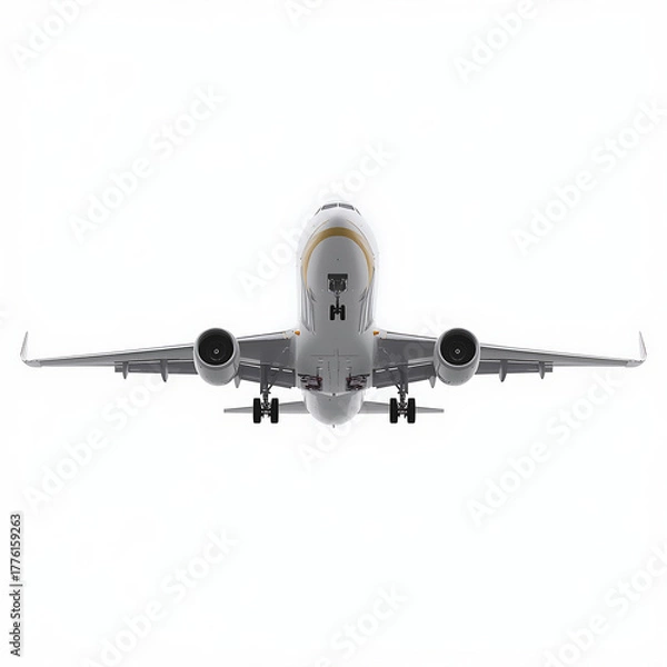 Fototapeta A realistic 3D rendering depicts a large commercial passenger airplane in flight with extended landing gear and visible engines beneath the wings, set against a white background.