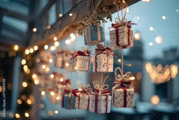 Obraz Hanging advent calendar made of small gift boxes with lights