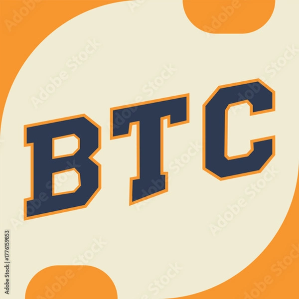 Fototapeta BTC Cryptocurrency Graphic: Bold typography of BTC symbolizing Bitcoin on a vibrant orange background, representing the digital currency revolution and the dynamic future of finance.
