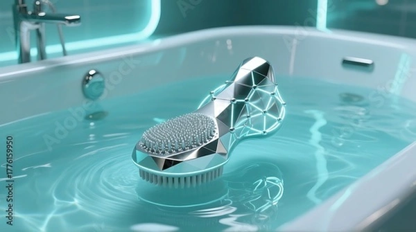 Obraz Modern silver body brush floating in a tub filled with clear blue water