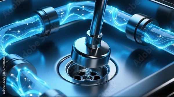 Obraz Futuristic plumbing system with glowing blue energy flowing through pipes