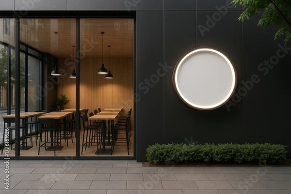 Fototapeta Modern cafe exterior with round illuminated blank sign for branding mock up beside glass window showing wooden interior and pendant lights at night. Ai generative