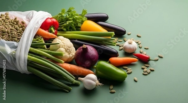 Fototapeta a vibrant collection of fresh produce against a solid, muted teal-green background.