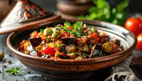 Fototapeta Hearty Italian Polenta With Savory Mushroom Ragu Served In A Rustic Ceramic Bowl With Fresh Parsley Garnish And A Dark Background