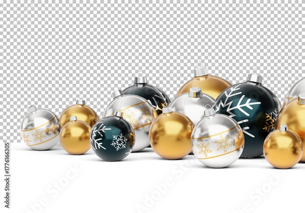 Obraz Isolated Christmas Baubles on White. Golden Black and Silver Colors
