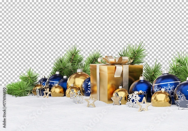 Obraz Isolated Golden and Blue Christmas Scene with Decorations, Gifts and Baubles on Snow