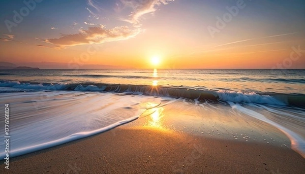 Fototapeta Golden Hour Sunset Over Calm Ocean Waves on Sandy Beach Reflecting Warm Light Across the Horizon
