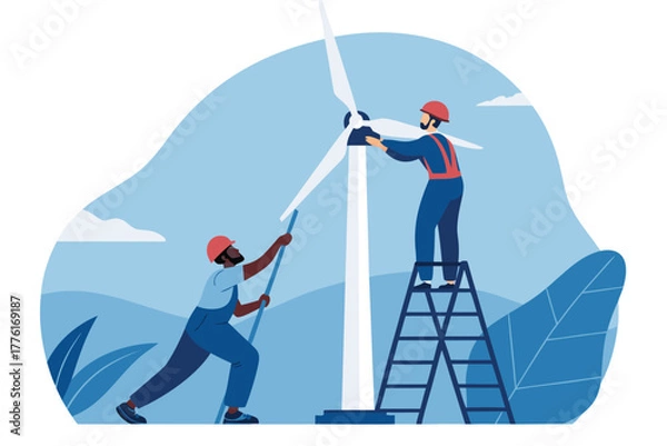 Obraz Wind turbine maintenance with engineers.