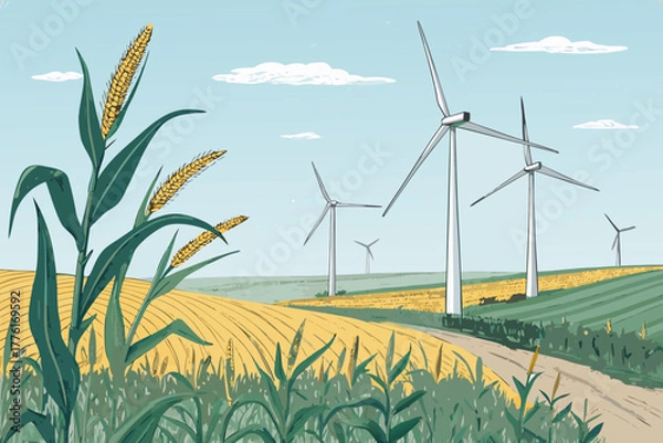 Fototapeta Wind turbines power irrigation in a cornfield.