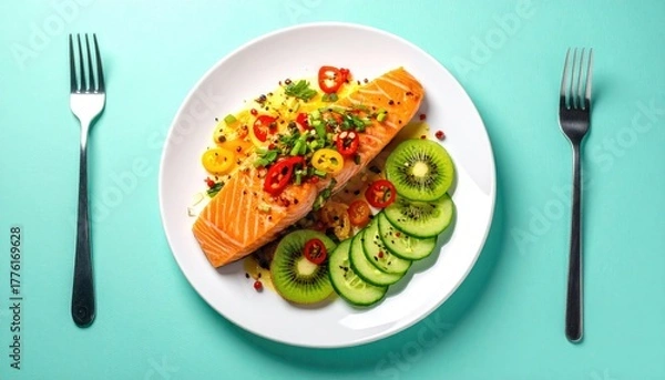 Fototapeta Gourmet Salmon Fillet With Sliced Kiwi And Cucumber Garnished With Red Chili Peppers And Green Onions Served On A White Plate With Two Forks And Blue Background