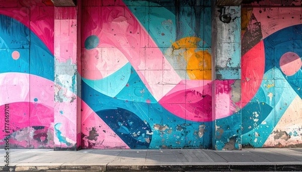 Fototapeta Graffiti Mural On Textured Concrete Wall With Abstract Shapes In Pink Blue Yellow And Teal Colors Under Sunlight