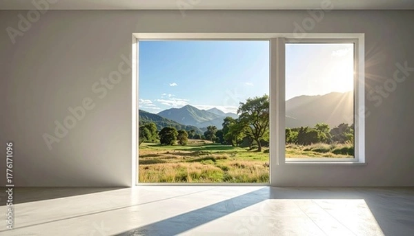 Obraz Bright Sunny Day View Through Large Window of Green Rolling Hills and Distant Mountains with Golden Sunlight Beaming Through the Glass in a Modern Minimalist Room
