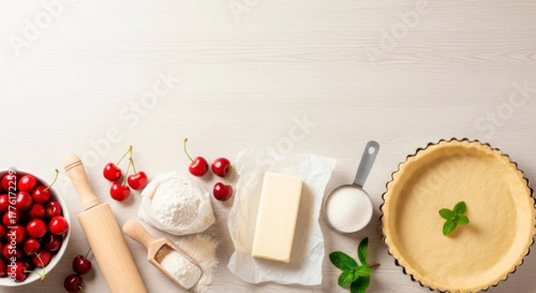 Obraz Ingredients for making cherry pie on a wooden kitchen surface, free space for text on top