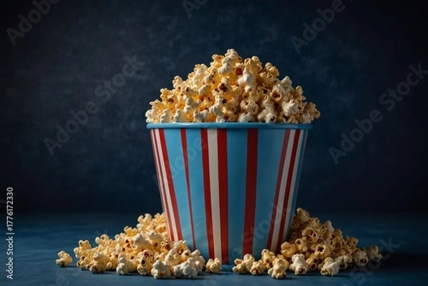 Obraz  Overflowing striped popcorn bucket on dark blue background