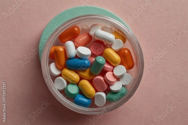 Obraz Assorted colorful pills in round container on pink background