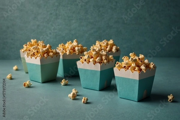 Obraz Blue popcorn boxes with scattered kernels on teal background
