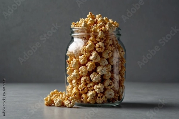 Obraz Caramel popcorn overflowing from glass jar on gray background