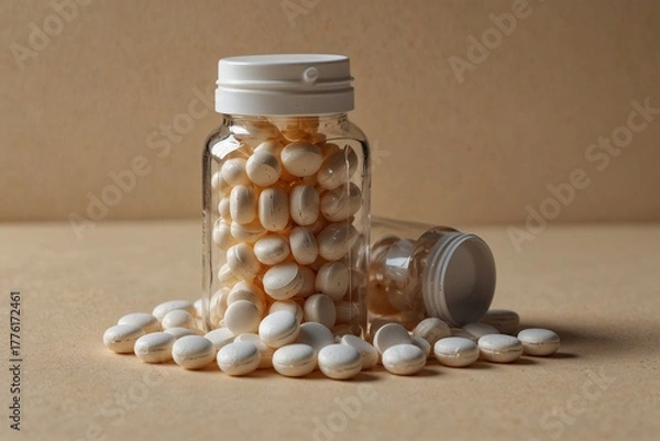 Obraz White tablets in plastic jars on beige background