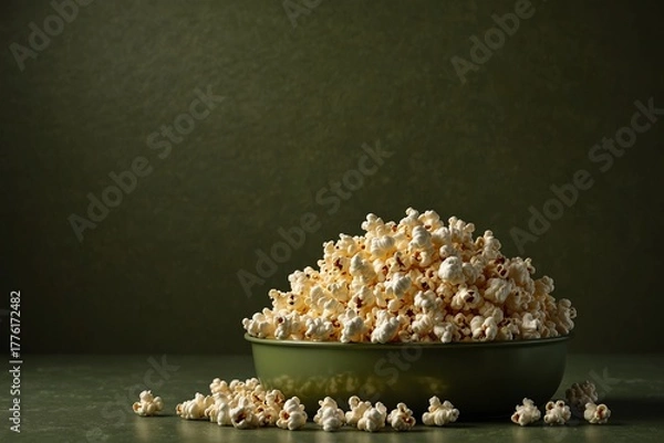Obraz  Bowl of popcorn with scattered kernels on green background
