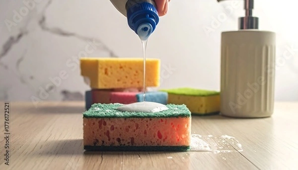 Fototapeta Dish soap being dispensed onto a sponge, with stacked sponges and a soap dispenser in the background