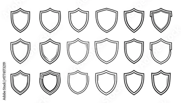 Fototapeta Collection of shield vector icons, black outline shapes against white. Emblem protection security design