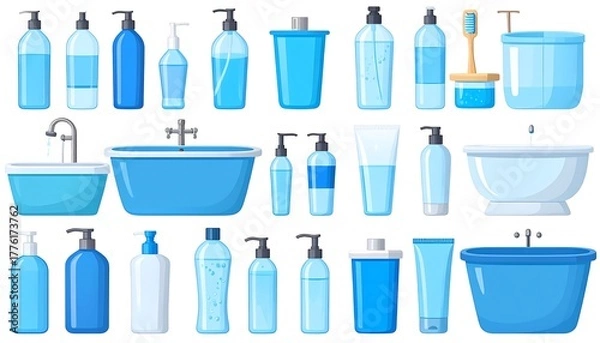 Fototapeta Diverse bathroom essentials bottles, tubs, dispensers in shades of light blue, clean, minimal design