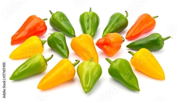 Fototapeta Collection of vibrant mini bell peppers, arranged in a circular pattern, featuring varied colors and fresh stems