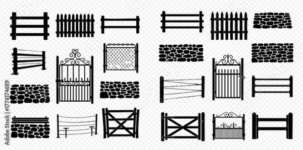 Fototapeta A collection of black silhouette icons depicting various types of fences and gates, including picket, rail, stone, wire, and ornate metal designs.