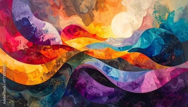 Fototapeta Colorful abstract artwork with flowing waves and a radiant sun, a blend of warm and cool tones