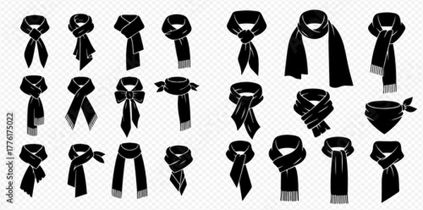Fototapeta A comprehensive collection of black silhouette illustrations showcasing various scarf tying styles and knots, suitable for fashion and accessory design.