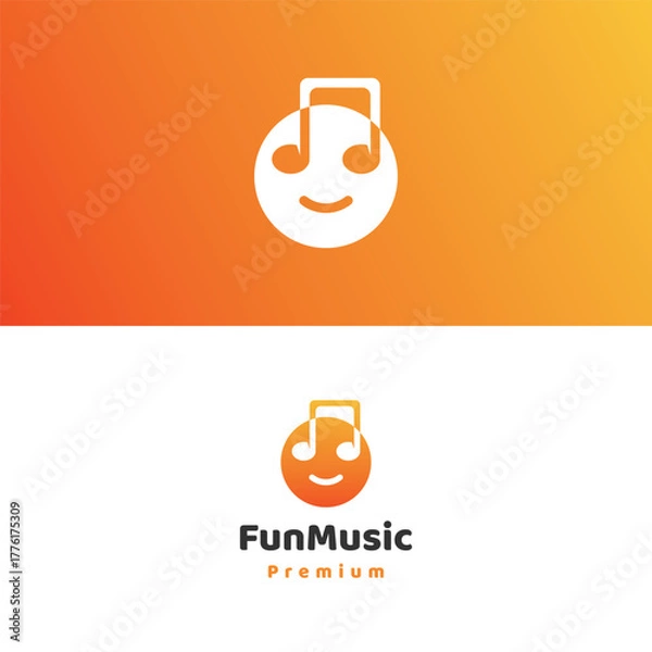 Fototapeta Joyful music logo with smiling emoji face and notes perfect for apps, brands, and entertainment.