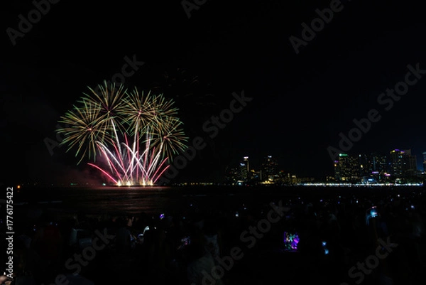 Fototapeta Beautiful colorful fireworks night scene shot at Pattaya International Fireworks Festival and silhouette Group of people tourist shoot and record firework show,