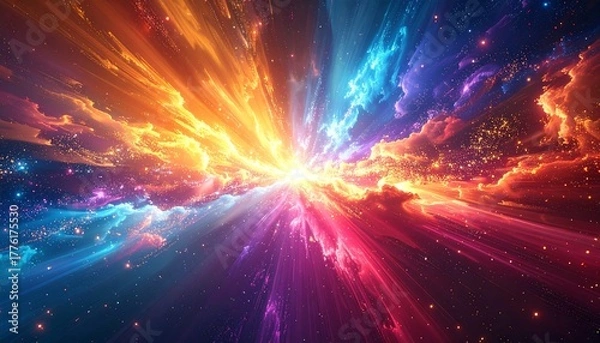 Fototapeta Colorful abstract space explosion with bright central light amidst swirling clouds of orange, blue, and pink cosmic dust