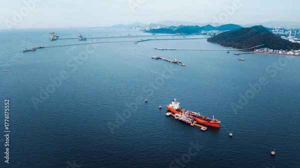 Fototapeta bright red oil tanker anchored in the deep blue sea. The background features a complex bay view with green islands and mountains, and industrial factories lining the coast, illustrating 