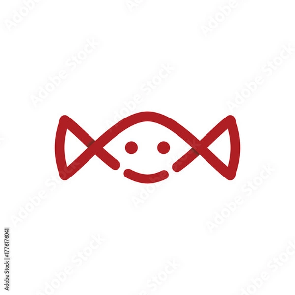 Fototapeta Minimal red candy logo design with a smiling face in line art style, symbolizing sweetness, happiness, fun, joy, and playful confectionery branding identity.