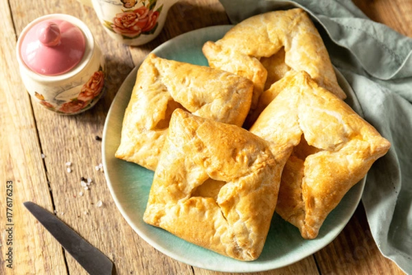 Fototapeta Puff pastry patties with mushroom and cheese filling on a rustic background.