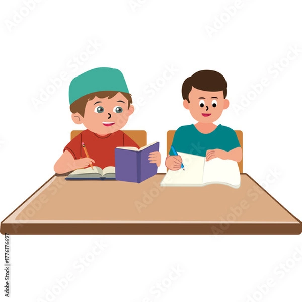 Fototapeta Illustration of Two Boys Studying Together