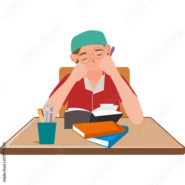 Fototapeta Illustration of Tired Student Studying at Desk