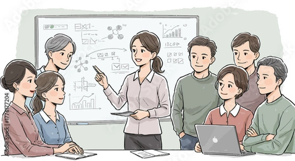 Fototapeta Team Collaboration Meeting with Chart Analysis and Confident Presentation