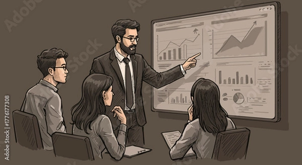 Obraz Dynamic illustration depicting a business team analyzing data and discussing strategy in a collaborative meeting, with a presenter highlighting insights on a screen