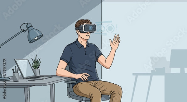 Fototapeta Man Experiencing Virtual Reality Technology, Exploring Digital World in Modern Office Setting