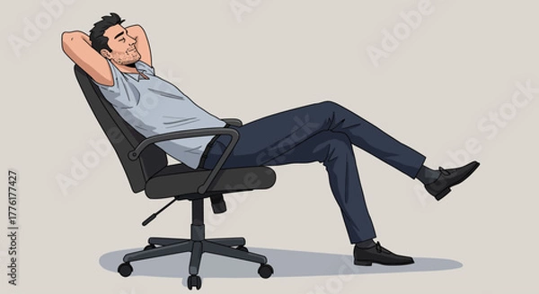 Obraz Young man taking a well-deserved relaxed office break, comfortably leaning back in his ergonomic chair with eyes closed, embodying a moment of peaceful rest from work
