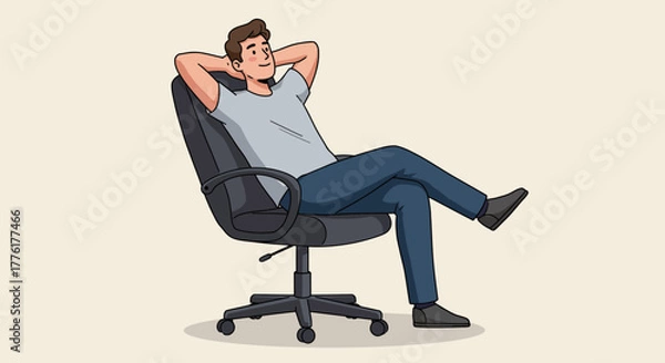 Obraz An illustration of a man comfortably relaxing in an office chair, enjoying a peaceful moment of rest and unwinding, symbolizing stress relief and leisure