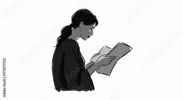 Obraz Minimalist ink drawing of a focused woman in profile, studying papers in her hands