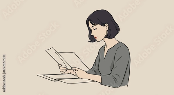 Fototapeta Woman Reviewing Documents Analyzing Information and Focus on Business Plans and Reports