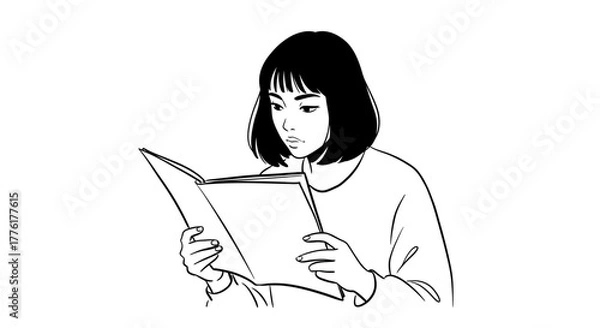 Obraz A focused young woman quietly reading a book, rendered in a clean black and white line art illustration, embodying learning, concentration, and personal growth
