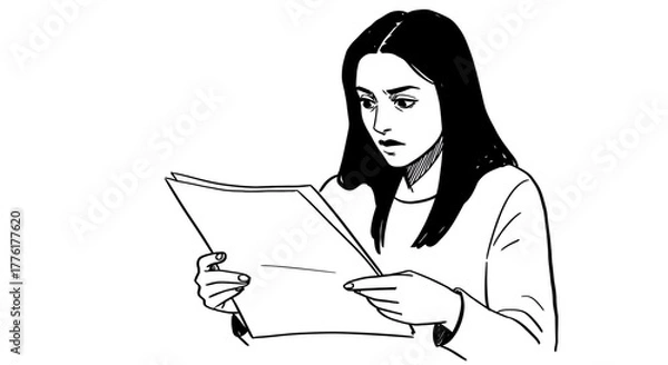 Obraz A hand-drawn illustration of a young woman looking shocked and worried while reading an unexpected document or bad news on an isolated white background