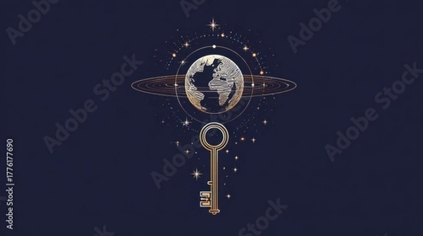 Obraz Minimalist vector illustration, a symbolic key orbiting around a stylized Earth, connected by a glowing path of stars.