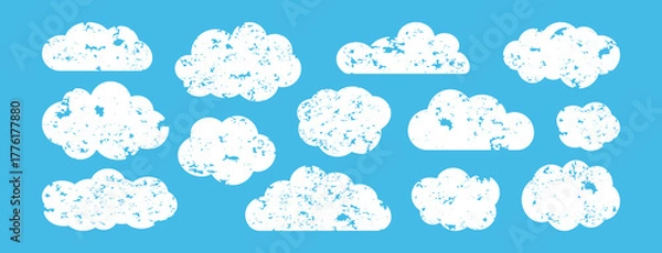 Obraz Cloud sky chalk icon, white crayon shape on blue background. Children charcoal doodle icon. Cute scribble watercolor texture bubble set. Pastel childish collection grunge design. Vector illustration