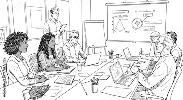 Obraz Business meeting with team discussing project in boardroom with presentation on whiteboard